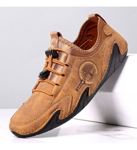 Men Microfiber Leather Breathable Hand Stitching Soft Sole Brief Elastic Laces Casual Driving Shoes