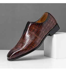 Men Leather Soft Sole Pointy Toe Crocodile Pattern Slip On Casual Dress Shoes