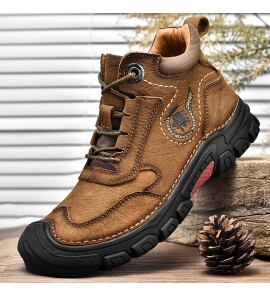 Men Cowhide Non Slip Toe-Protected Lace-up Business Casual Boots