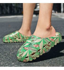 Men PVC Coconut Tree Print Soft Thick Sole Non Slip Comfy Breathable Summer Casual Home Slide Slippers